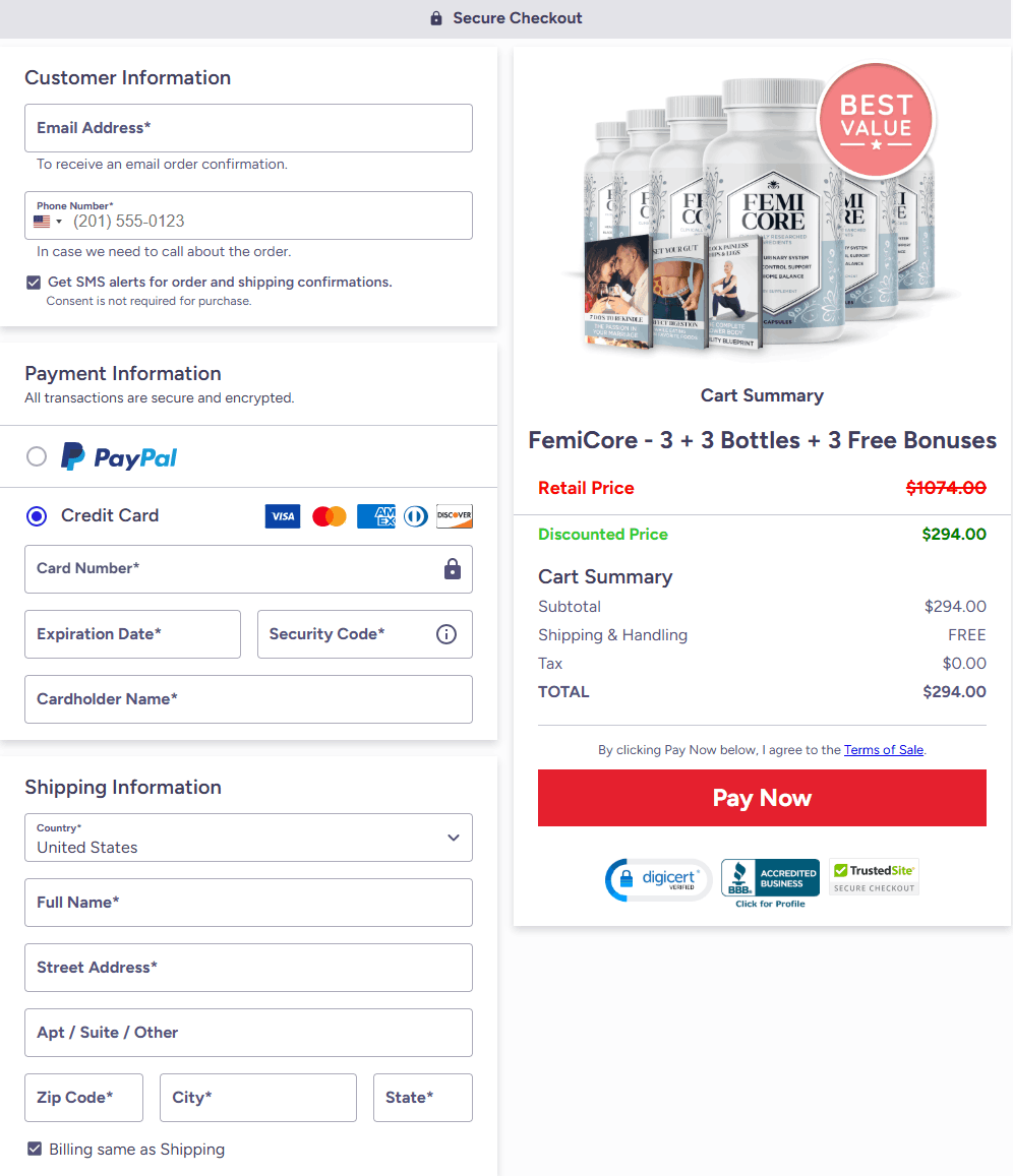 FemiCore Checkout page